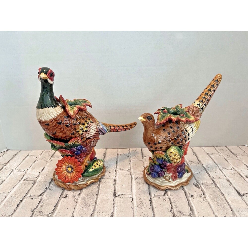 FITZ AND FLOYD  Set of 2 Ceramic AUTUMN BOUNTY Pheasants CANDLE HOLDERS Fall Box
